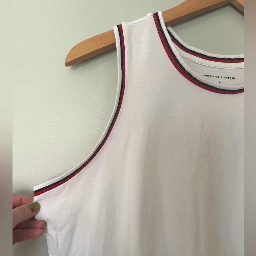 Retro White muscle tee with navy and red stripes by Universal Standard size 18